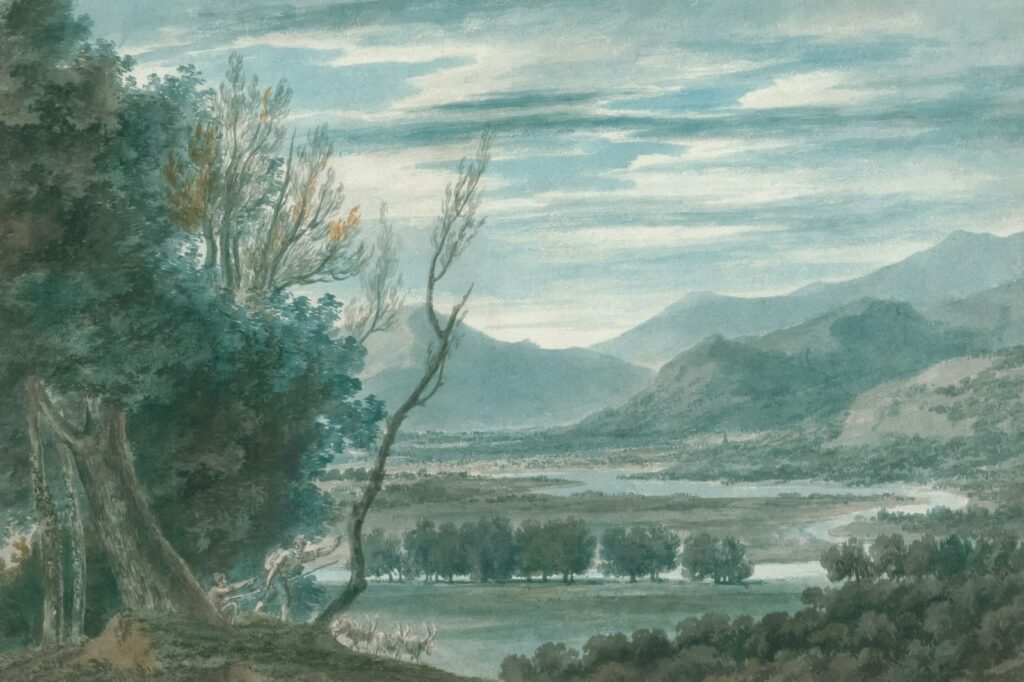 The Goodness Of God – Jul 19, 2024 2 A painting of a landscape with trees and mountains in the background